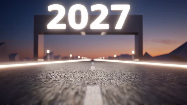 Glowing highway road towards the future with 2026 and 2027 numbers on a bridge at twilight representing new year and goals.