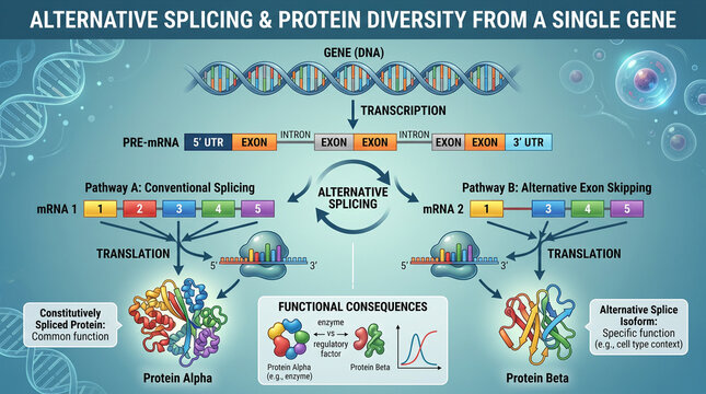 Scientific diagram illustrating alternative splicing processes from a single gene, showing transcription, mRNA variants, translation pathways, and functional consequences in protein alpha and beta.