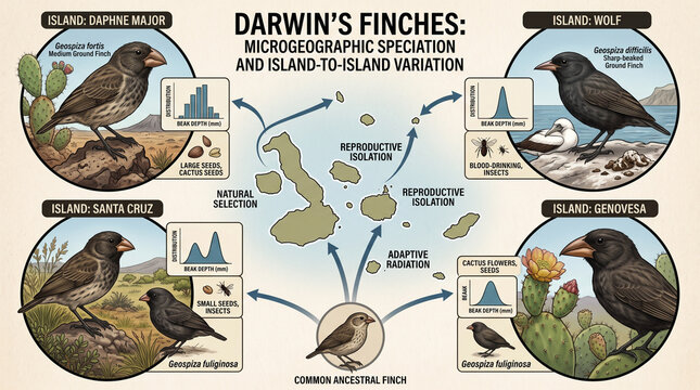 Infographic illustration detailing Darwin's finches microgeographic speciation across islands, showing beak depth variation in Daphne Major, Santa Cruz, and Genovesa