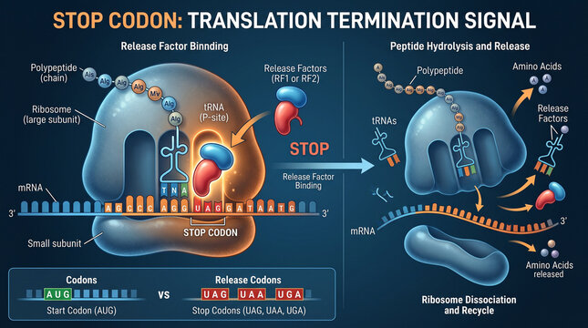 Detailed diagram illustrating the translation termination process in molecular biology, showing stop codon recognition by release factors on an mRNA strand.