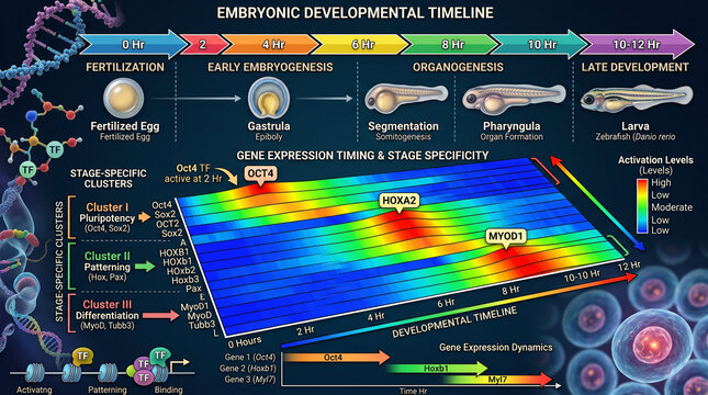 Infographic timeline illustrating embryonic developmental stages from fertilization to late development, featuring gene expression dynamics across time