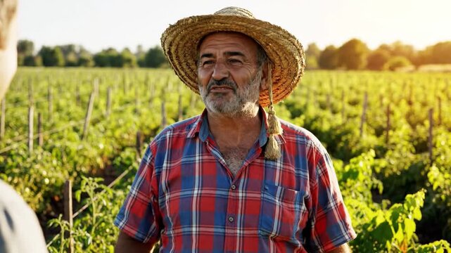 A mature middle eastern farmer wearing a straw hat speaks with a partner in a sunlit agricultural field.