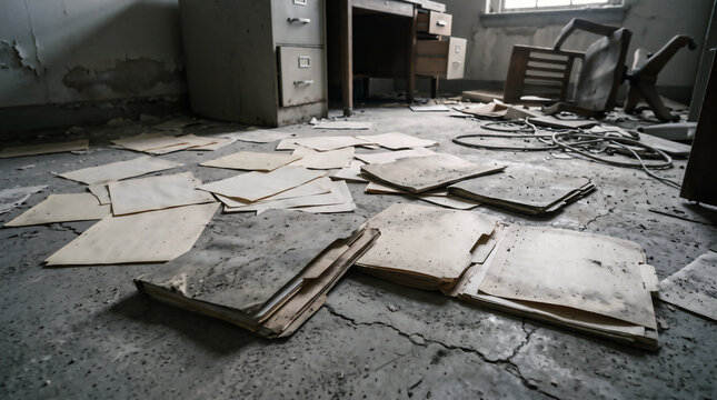 Scattered Old Files and Folders in Abandoned Office Interior
