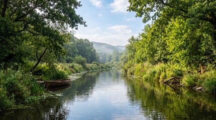 Obraz premium Lush green forest river flowing gently through dense foliage and trees under a partly cloudy blue sky.