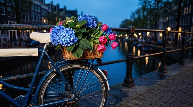 Luminous blue bouquet waits on a bicycle carrier