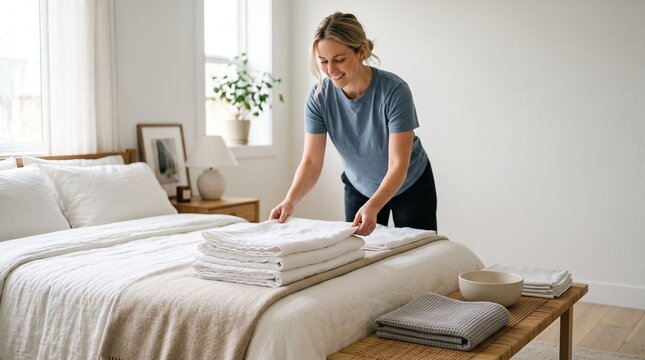 Woman folds fresh linens in a sunlit bedroom