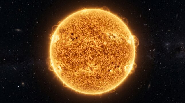 Massive glowing sun surface radiates intense energy within the deep dark vastness of outer space