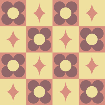 Retro 70s Floral Grid Seamless Pattern Vintage Checkerboard Flower and Sparkle Vector Texture for Packaging