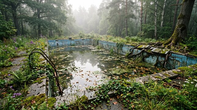 Abandoned outdoor swimming pool filled with murky water and surrounded by dense overgrowth in a misty forest.
