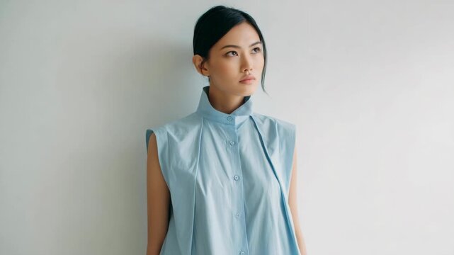 A young Asian woman with long black hair stands against a plain wall. She wears a light blue sleeveless top and has a neutral expression.
