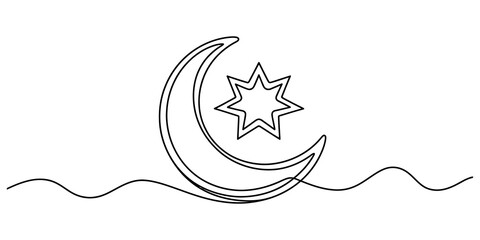 Continuous single line drawing of a crescent moon and star symbol with a wavy line base in a simple minimal style isolated on transparent background © Rimi Kailash Arts