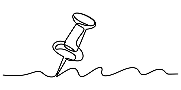 Continuous single line drawing of a push pin stationery office supply tool isolated on transparent background