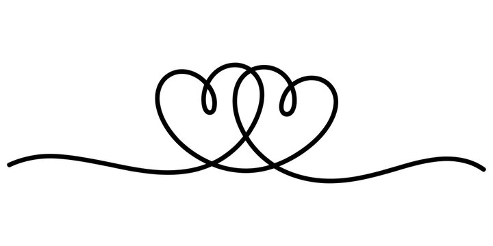 Two connected hearts drawn with a single continuous black line isolated on transparent background