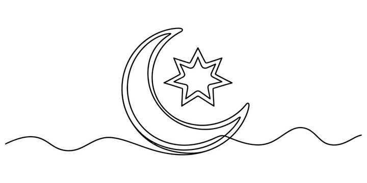 Continuous single line drawing of a crescent moon and star symbol with a wavy line base in a simple minimal style isolated on transparent background