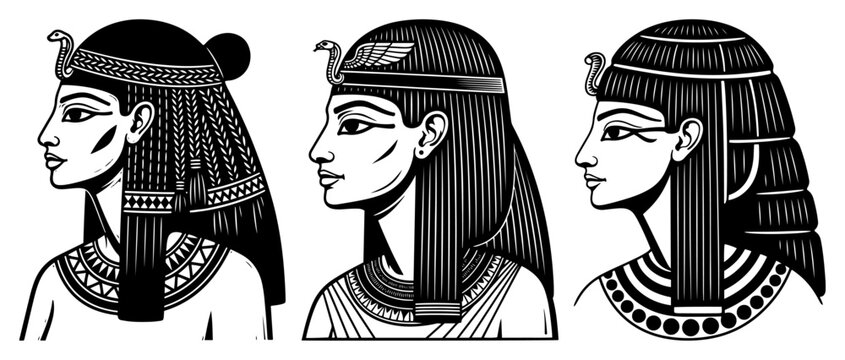 Ancient Egyptian queen Cleopatra portraits set, Pharaoh woman profile with uraeus crown vector illustration
