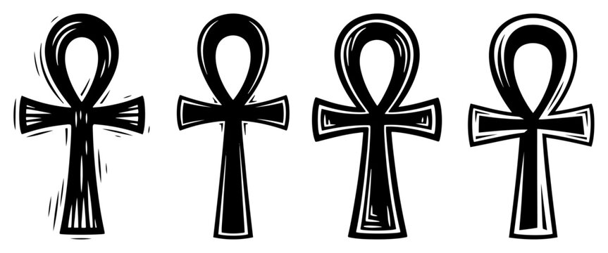 Ancient Egyptian ankh cross set, sacred key of life symbol silhouette vector illustration