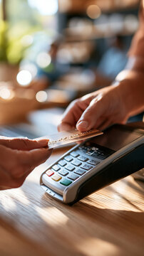 Close up of a hand completing a payment with a credit card at a terminal bright clean well lit retail scene contactless payment shopping transaction financial technology customer