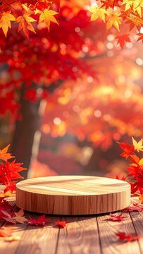 Set of 4 Premium vertical background with wooden podium surrounded by falling autumn red maple leaves and large copy space for product display