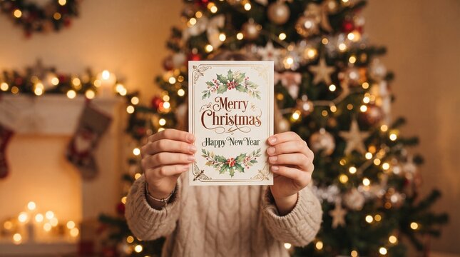Person holding decorative christmas greeting card in front of a glowing tree with bokeh lights