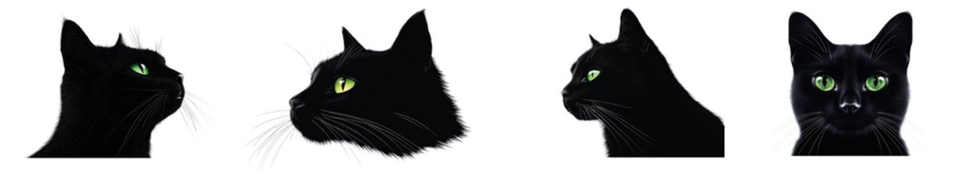 Set of black cat heads with green eyes showing different profile views for pet care branding and halloween animal graphics on transparent background 