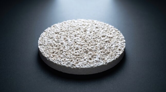 White ceramic aeration disc with porous surface texture isolated on a dark background