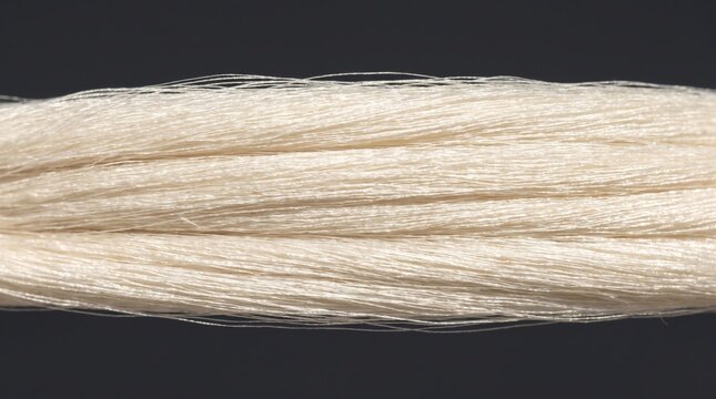 Macro close-up of raw white cotton fibers aligned in a strand against a dark background