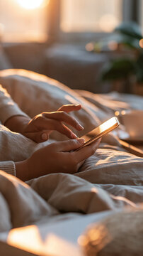 Close crop of hands holding a smartphone in bed bathed in warm bright morning light clean well lit lifestyle scene digital connectivity morning routine relaxed weekend technology use