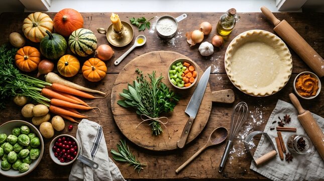 Family gathering preparing Thanksgiving meal on a rustic wooden kitchen table with fresh autumn harvest vegetables. Slicing organic herbs and rolling pie crust dough for holiday dinner celebration.