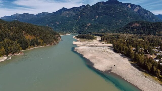 Aerial drone footage of a Fraser River bend near Chilliwack, BC