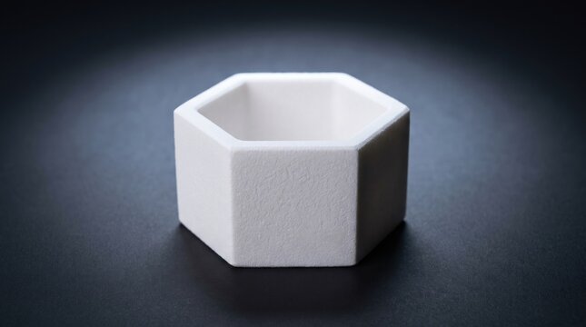White ceramic hexagonal crucible for laboratory chemical analysis isolated on a dark background