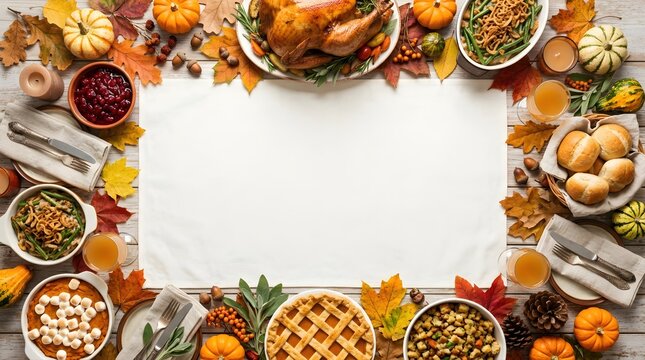 Traditional Thanksgiving dinner table banner with roasted turkey, festive side dishes, autumn leaves, and a blank paper mockup in the center. Delicious holiday food celebration concept.