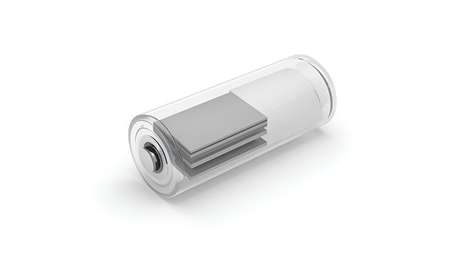Crisp 3D studio visualization of a clear cylindrical battery casing showing stacked internal metallic anode and cathode plates, isolated on a solid white background