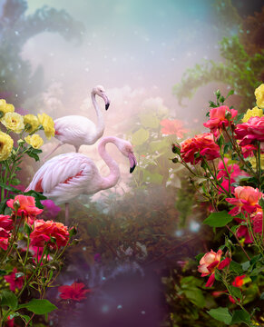 Pink flamingo couple in fantasy tropical jungle forest, two birds, rose flowers and greenery in misty fairy tale rainforest, mysterious floral vertical background, mystic nature and paradise garden.
