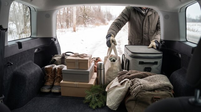 Packed winter trunk with gifts and travel essentials ready to go