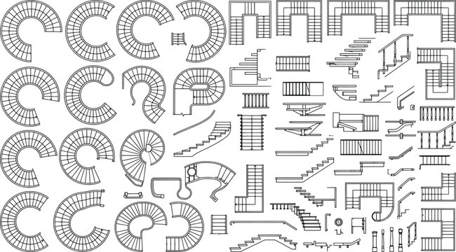 Collection of staircase designs for architectural floor plans and interior sections