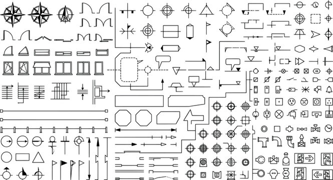 Set of architectural symbols and icons for floor plans, including doors, windows, electrical fixtures, and plumbing elements