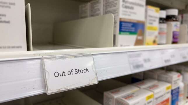 Out of stock shelf rail label beneath empty pharmacy shelf slot