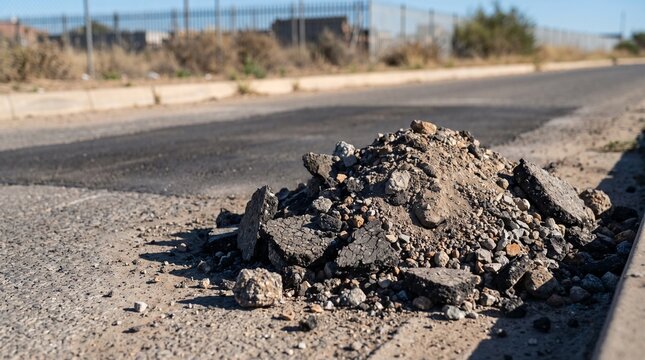 Broken asphalt and gravel beside a patched roadway surface