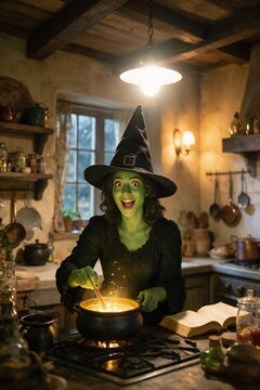 A green-skinned woman wearing a black witch hat and dress smiles excitedly while stirring a glowing golden potion in a cauldron inside a rustic candlelit kitchen.