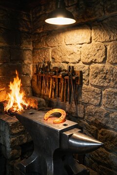 A single glowing orange horseshoe rests on a blacksmith's anvil beside a stone wall lined with hanging tools and a burning forge fire in the background.
