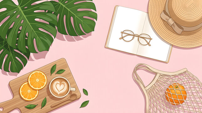 A top-down view of summer essentials including monstera leaves, a straw hat, an open book, coffee, orange slices, and a mesh bag on a pink background.
