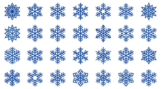 A collection of various blue snowflake icons and symbols arranged in a grid pattern on a white background, showcasing different intricate designs.