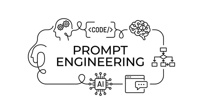 A detailed line art illustration depicting the concept of prompt engineering, connecting human thought, coding, artificial intelligence, and logical processes.