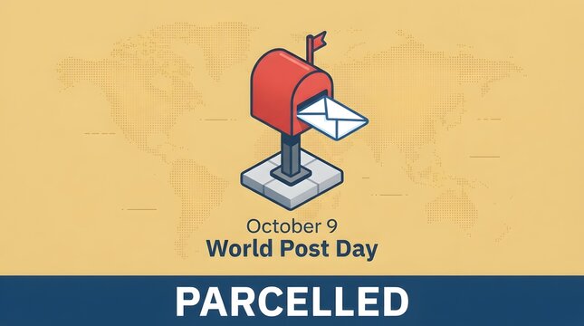 World Post Day Par celled Concept with Red Mailbox and Flying Letters on Beige Background