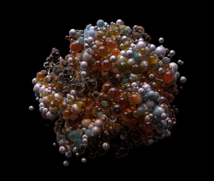 Molecular biology, biomolecules, molecular structure, biotechnology and biochemistry concept showing a dense biomolecular cluster of nanoscale spherical structures for scientific research