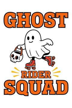 Cute ghost skating on rollerblades with skull bucket for halloween rider squad apparel graphic.