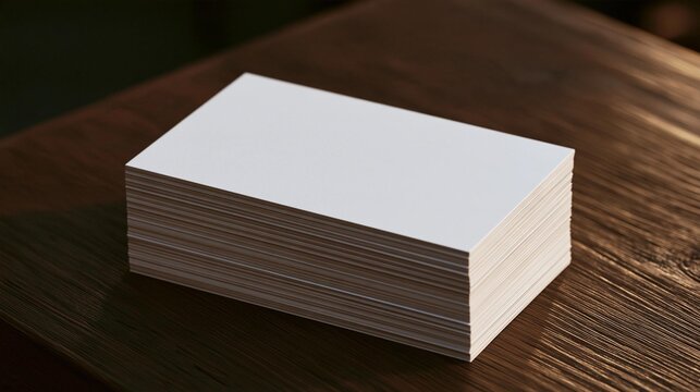 Stack of white business cards on a wooden table. the cards are neatly folded and stacked on top of each other, with the top card slightly tilted to the side.