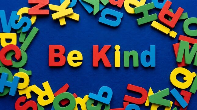 Colorful plastic letters spelling be kind on a blue background for world kindness day celebration concept