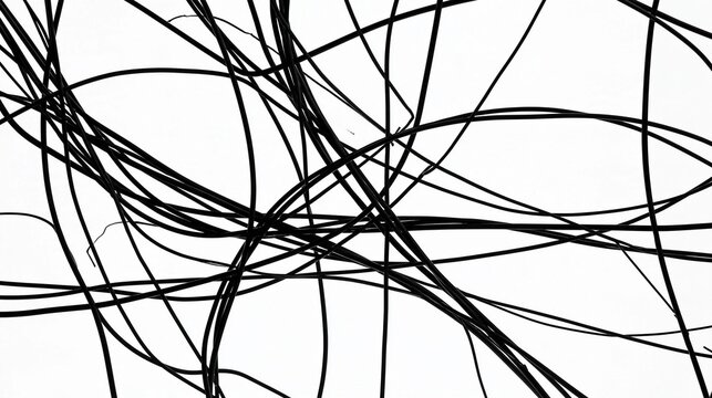 Black and white abstract background with multiple lines and curves that create a chaotic and chaotic pattern. the lines are of varying lengths and widths, creating a sense of depth and dimension.