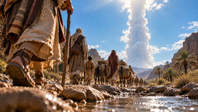 Israelites follow the pillar of cloud. Bible story.